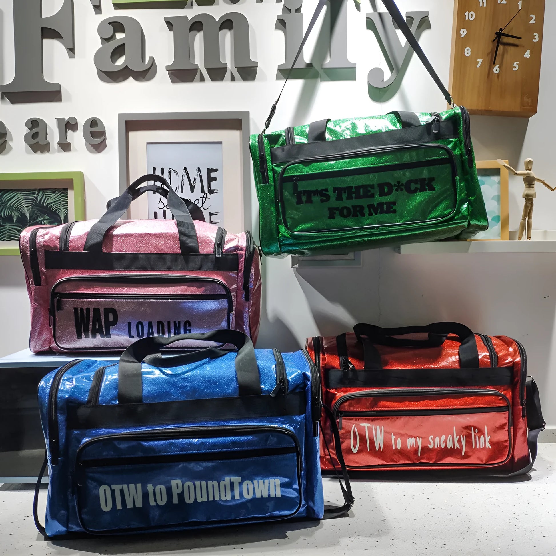 PU leather large sports handbag in blue with dimensions 48x26x22cm showing interior organisation