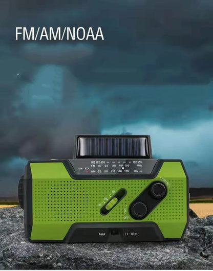 Pocket solar radio in green, red, white, or yellow with engineering plastic body, solar charging, and waterproof build.