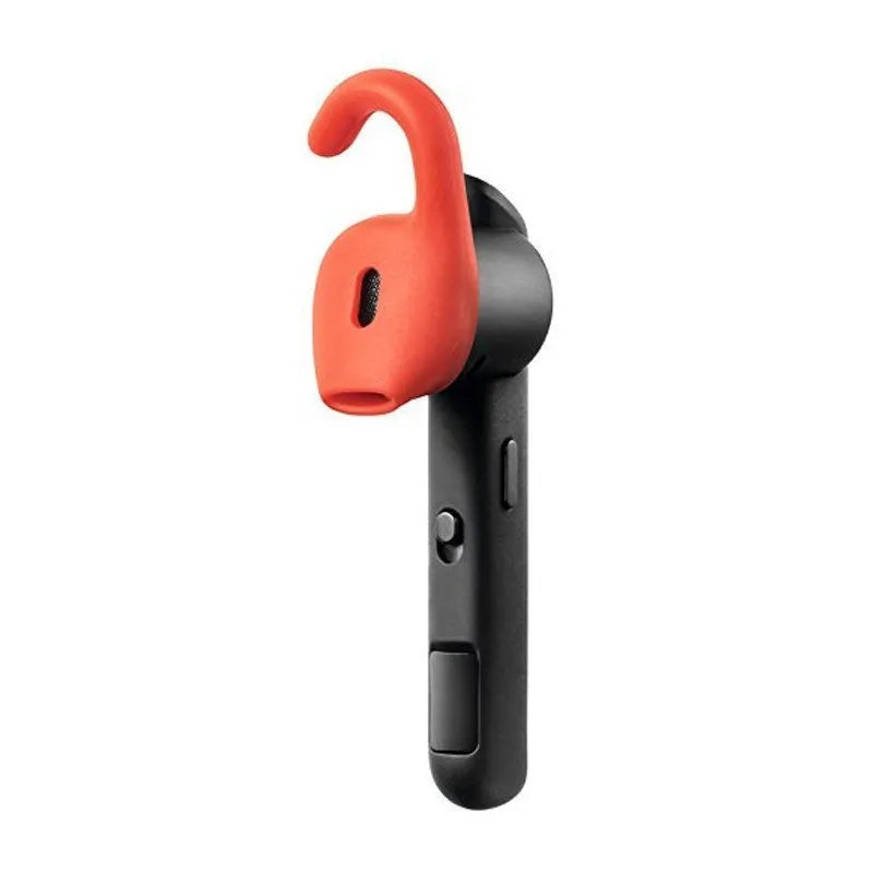 Black Bluetooth earphone with behind-the-ear design showing dual-phone connectivity