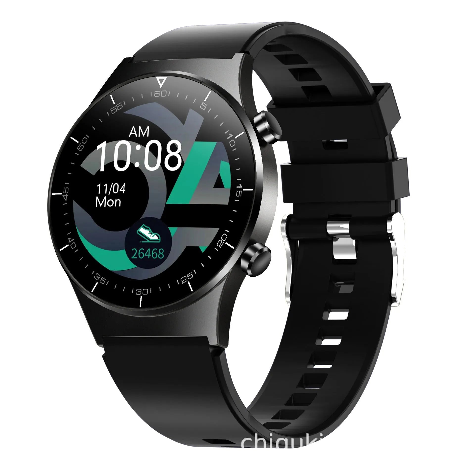 Black smart watch with touchscreen display showing health metrics including heart rate and blood pressure readings