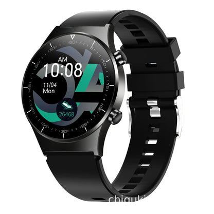Black smart watch with touchscreen display showing health metrics including heart rate and blood pressure readings