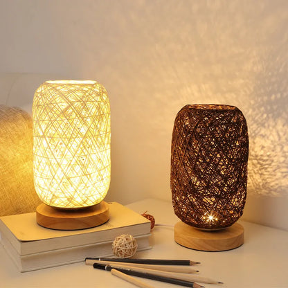 Twine Sepak Takraw desk lamp with hemp rope shade and solid wood base