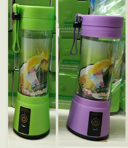 Portable USB blender with six blades in pink colour option showing cup and charging cable