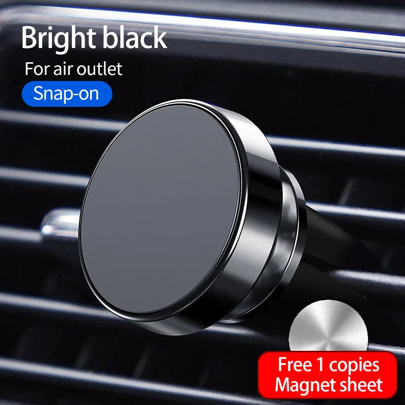 Magnetic car phone holder mounted on dashboard showing smartphone attachment and 360-degree rotation mechanism