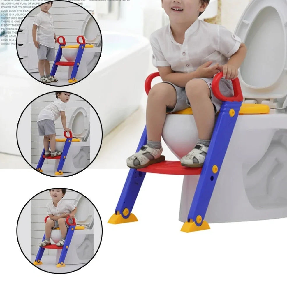 Purple, red and yellow adjustable potty training chair with ladder folded to 7cm thickness showing double handrails