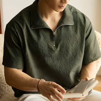 Men's loose-fit cedar green short-sleeve t-shirt made from ice silk polyester fabric.