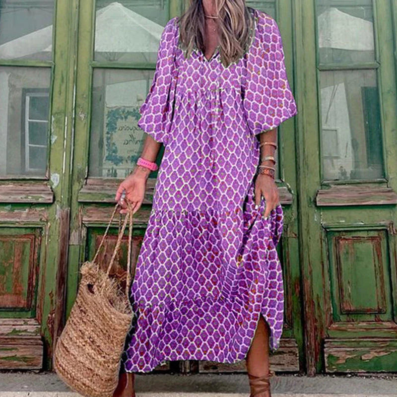 Boho Chic Midi Dress with Floral Print, V-Neck, and Short Sleeves