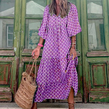 Boho Chic Midi Dress with Floral Print, V-Neck, and Short Sleeves