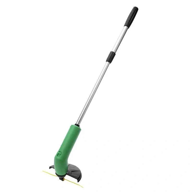 Cordless lawn trimmer with extension pole and debris shield for garden maintenance