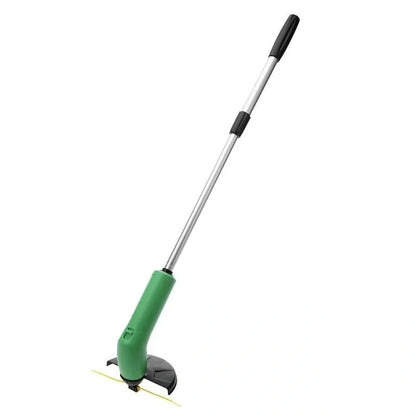 Cordless lawn trimmer with extension pole and debris shield for garden maintenance