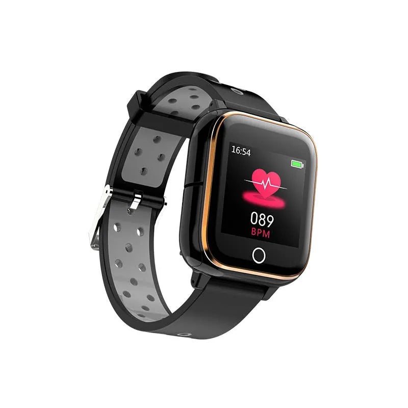 Black smart watch with a 1.4-inch screen and Bluetooth earbuds stored in the watch body