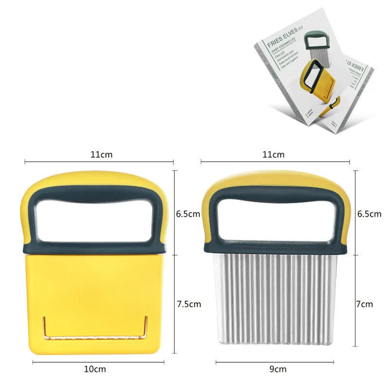 Stainless steel potato dicing tool with wolf tooth knife edge on yellow packaging