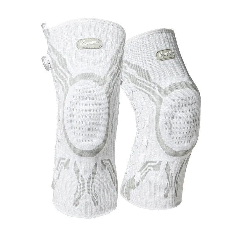 Grey and white sports kneepad for left or right knee, designed for basketball, running, and football.