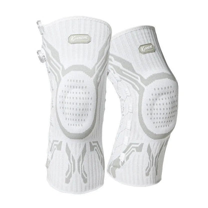 Grey and white sports kneepad for left or right knee, designed for basketball, running, and football.