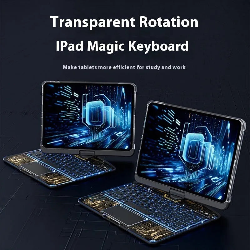 Transparent rotating keyboard case for iPad Air 5 with detachable Bluetooth keyboard open.