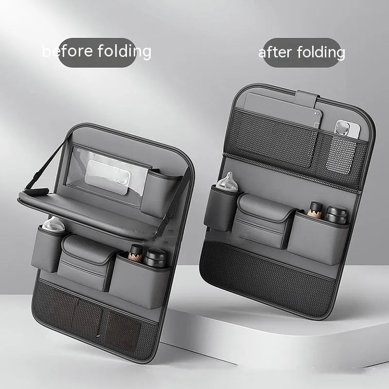 Leather car seat hanging storage bag with a fold-out dining table in black colour
