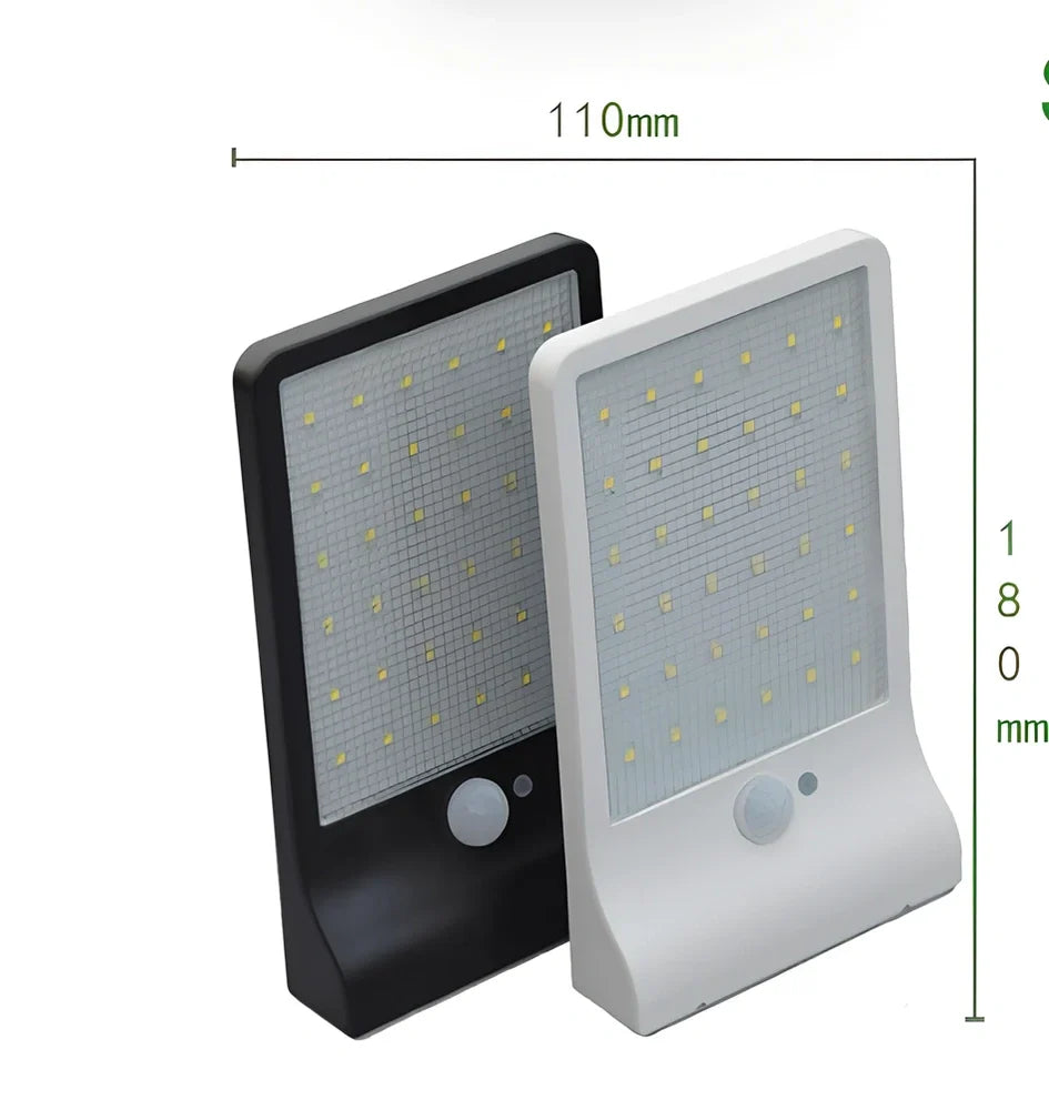 Solar garden light with 36 LED array in black or white finish showing integrated solar panel