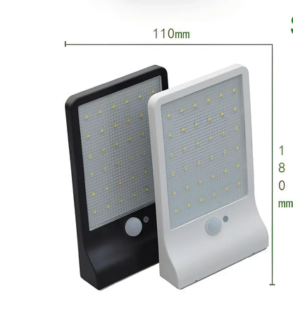 Solar garden light with 36 LED array in black or white finish showing integrated solar panel