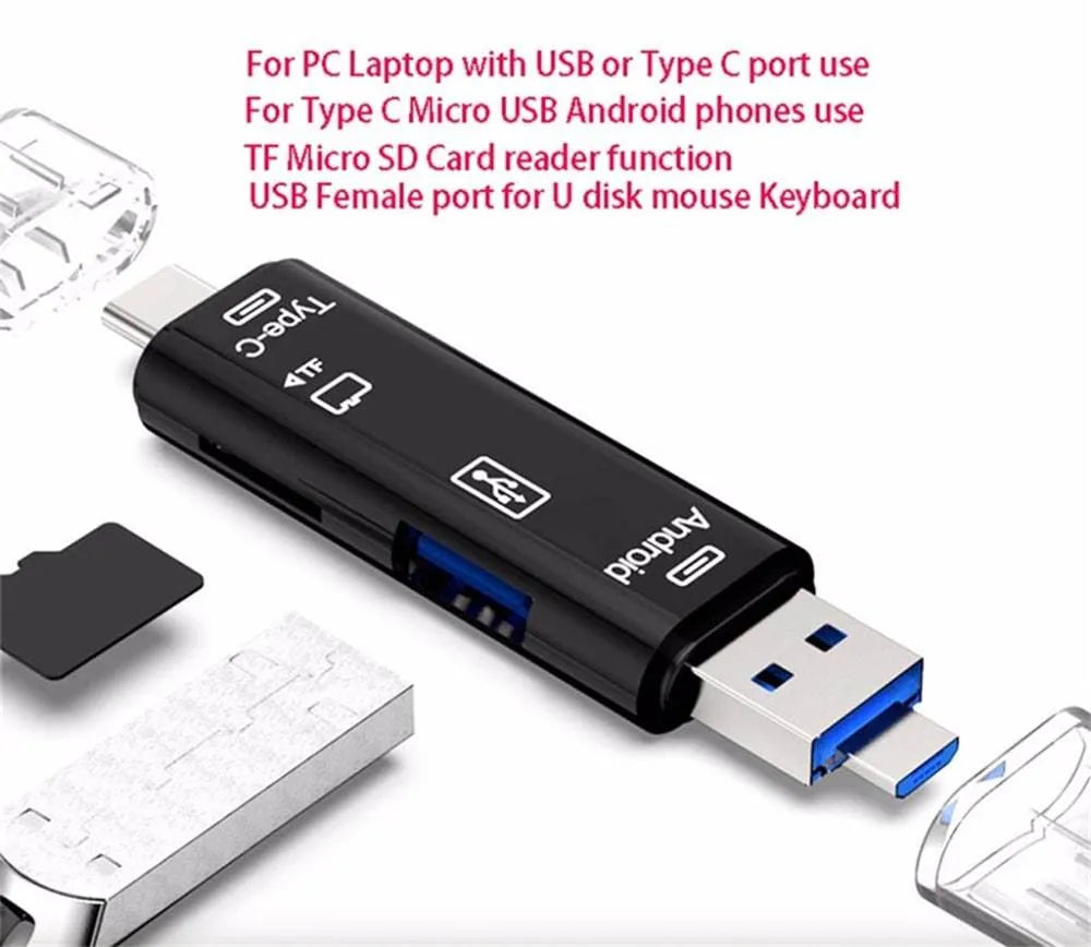 Black Type-C OTG hub adapter with Micro USB port, USB port, and microSD card slot on a white background.