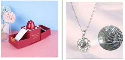 Valentine's Day Metal Rose Jewelry Gift Box Necklace with adjustable crystal necklace and maroon gift box