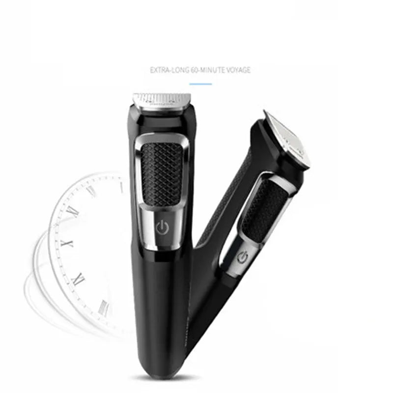 Standard colour multifunctional nose and beard hair clippers with cleaning brush on a white background.