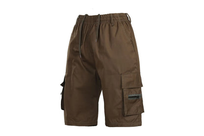 Men's multi-pocket cotton casual shorts in khaki with a drawstring waistband, shown in a loose fit.