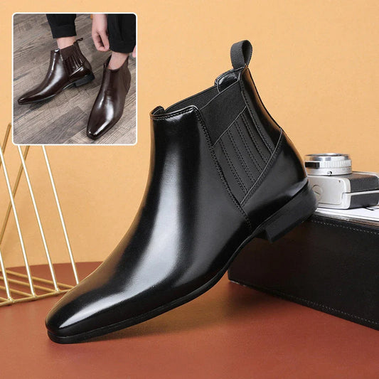 Sleek and sophisticated men's Chelsea boots with pointed toe and square heel design in black and brown colors