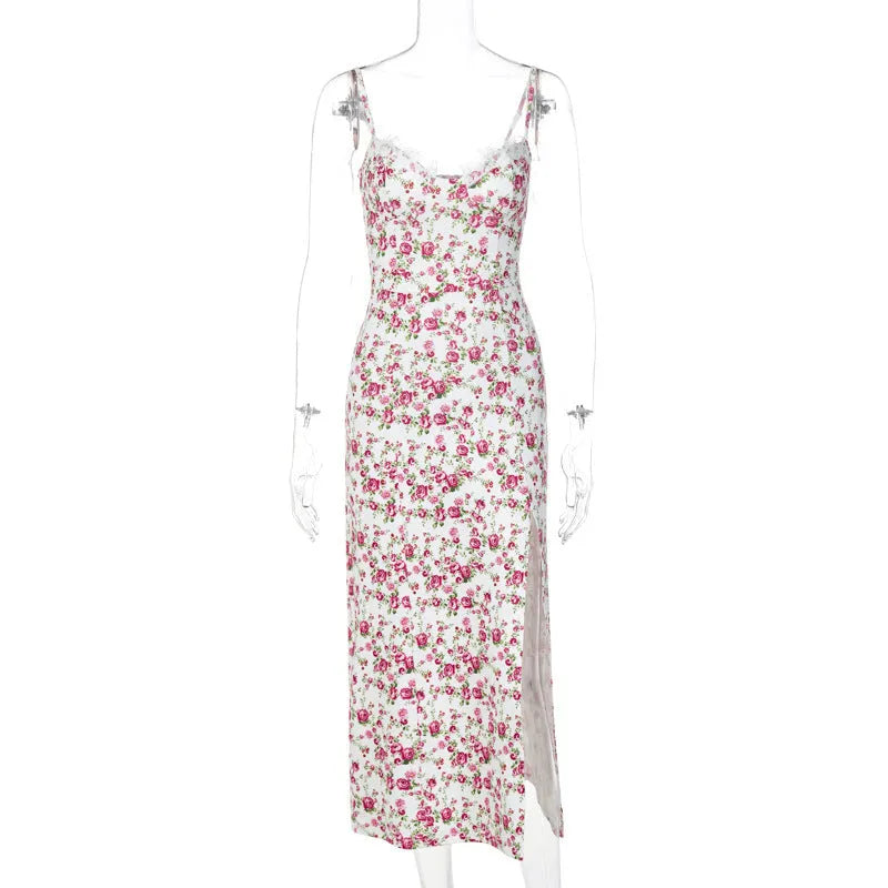 Women's long summer dress with lace flowers print, slit, and suspender straps in polyester fibre