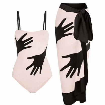 Women's one-piece bikini swimsuit with gauze skirt cover-up on beach