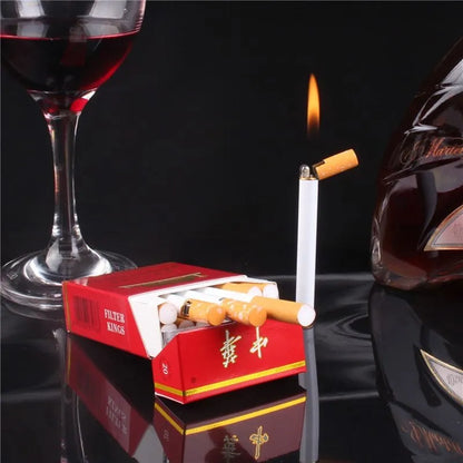 Metal cigarette shaped lighter showing exact cigarette scale and compact design
