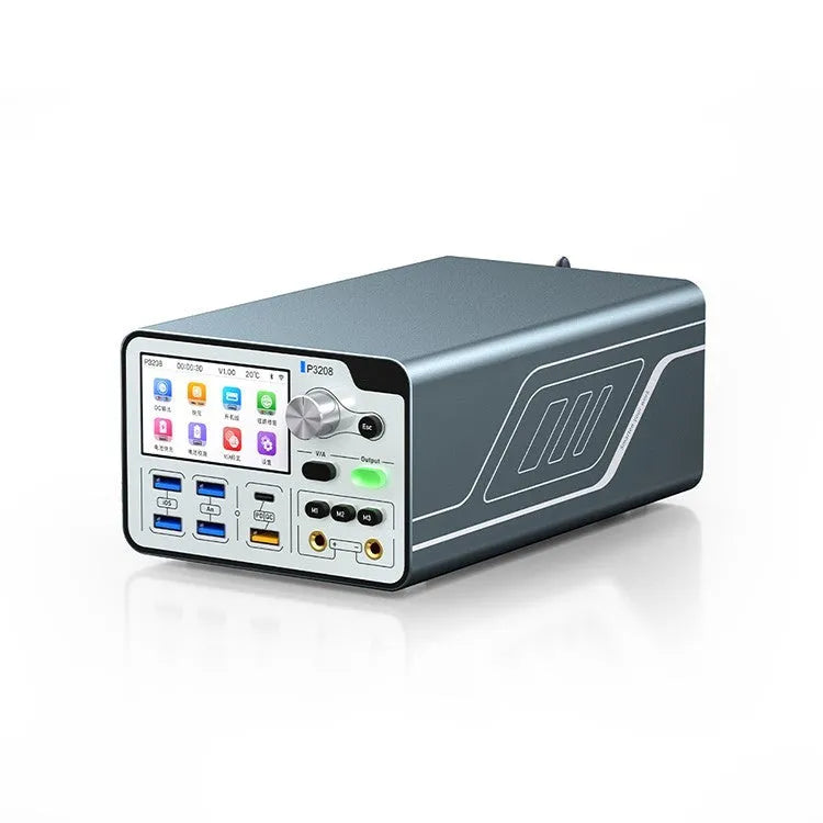 320W intelligent regulated power supply with 3.0-inch IPS display, alligator clips, and boot lines for electronic testing