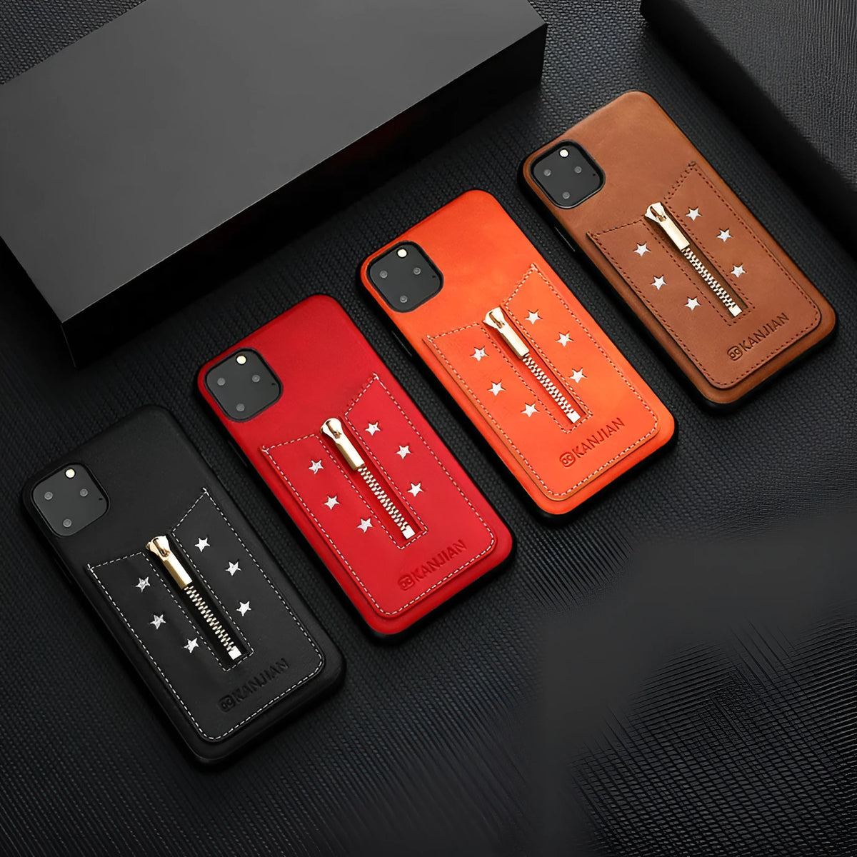 Black PU leather zipper phone case for iPhone, shown with the zipper open.