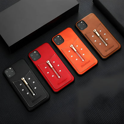 Black PU leather zipper phone case for iPhone, shown with the zipper open.