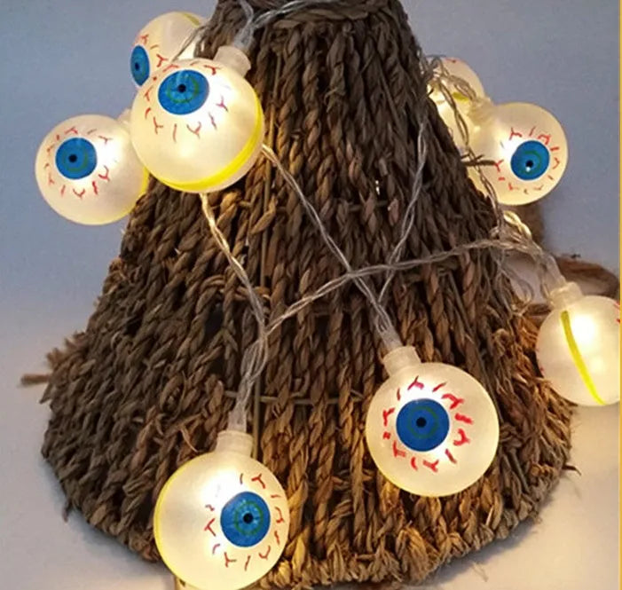 Halloween LED string lights with bat, ghost, and pumpkin pendants on a 1.2 metre white cable.