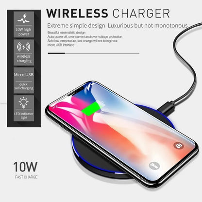 Black ultra-thin square wireless fast charging pad for phones on a desk