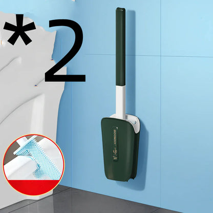 Wall-mounted toilet brush with blue antibacterial TPR head in plastic bucket