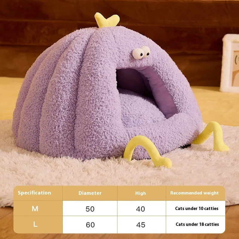 Monster-shaped semi-enclosed cat kennel in PP cotton bubble velvet available in three colours