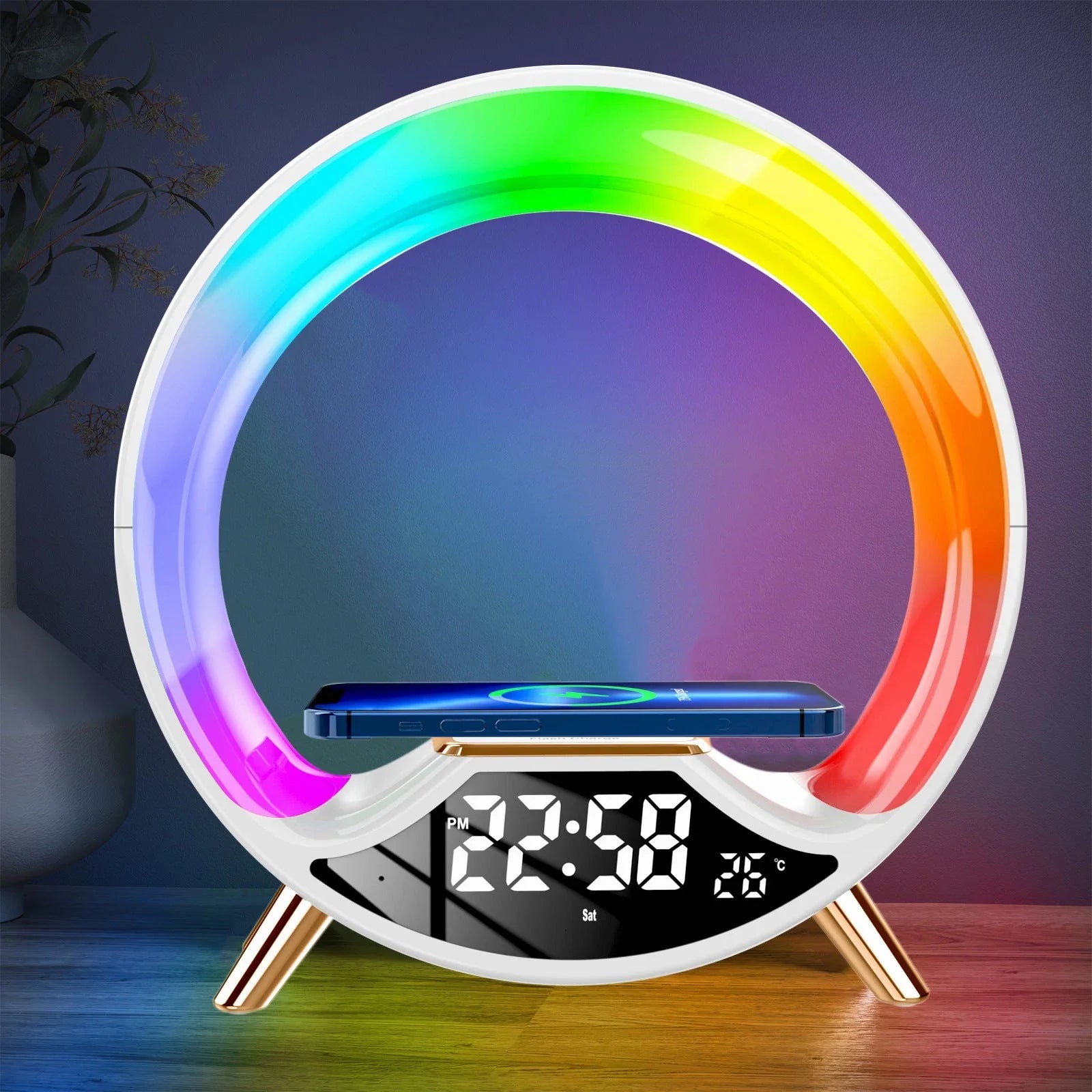 A versatile wireless charging lamp with Bluetooth speaker and ambient lighting effects, suitable for various home and office settings.