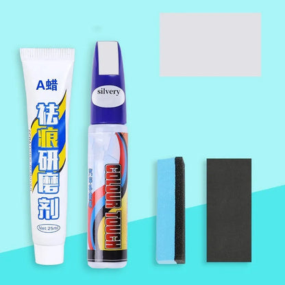 Automotive paint repair pen kit with touch-up fluid, wax, sponge, and sandpaper for car scratch repair