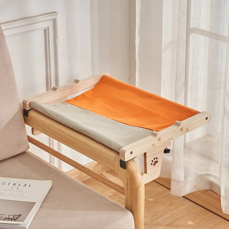 Wooden cat hanging bed hammock mounted by a window in a choice of seven colours
