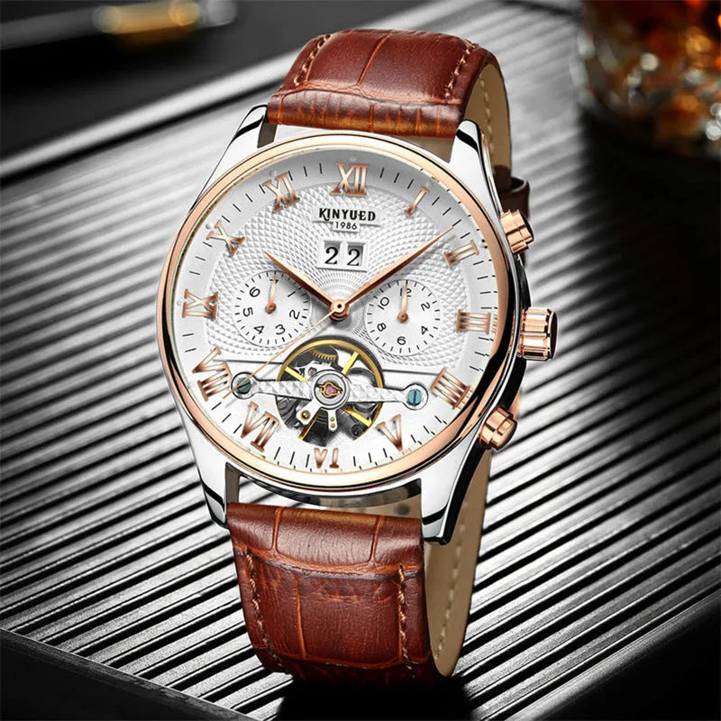 Men's automatic hollow tourbillon mechanical watch, 42mm alloy case, leather band, black or brown