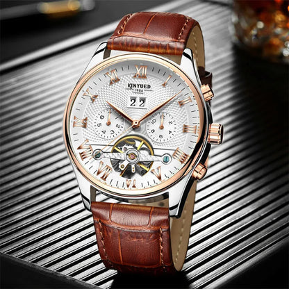 Men's automatic hollow tourbillon mechanical watch, 42mm alloy case, leather band, black or brown