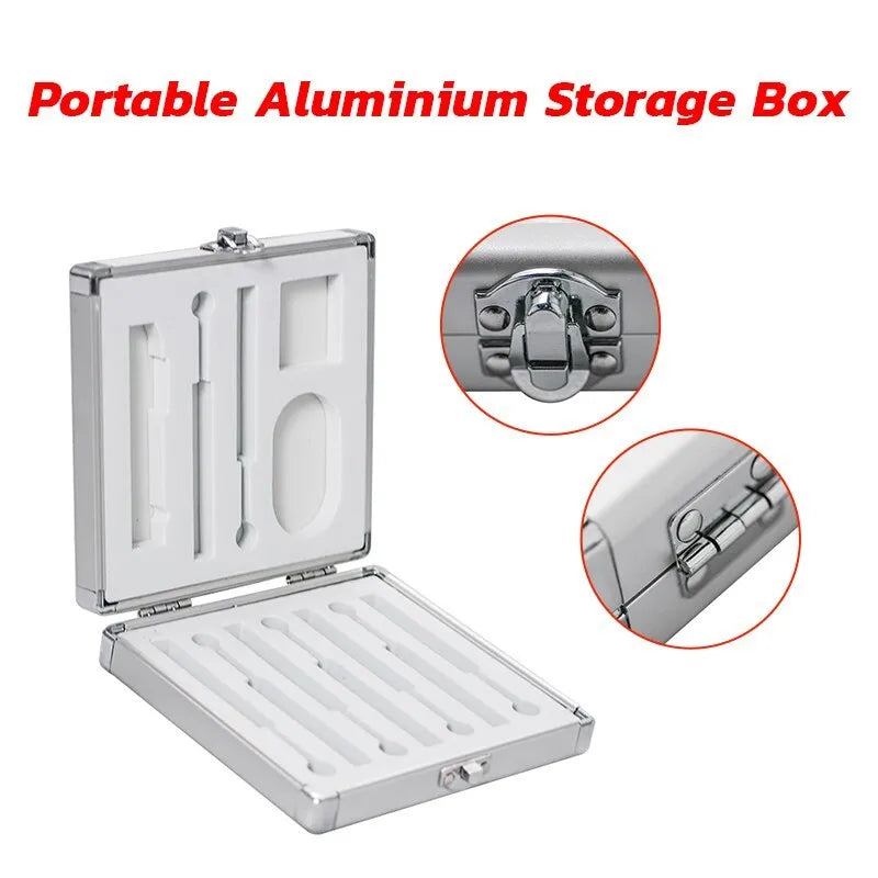 Silver aluminium storage box for TS100 soldering iron with dimensions 154x147x36mm