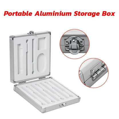 Silver aluminium storage box for TS100 soldering iron with dimensions 154x147x36mm