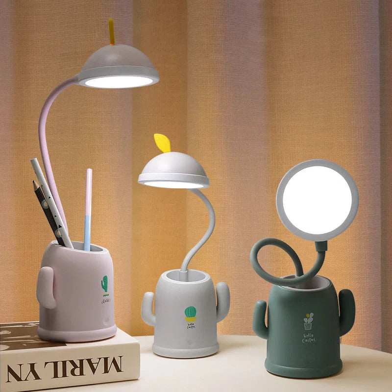 Cactus-shaped pen holder and table lamp with USB charging