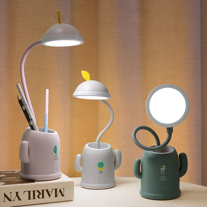Cactus-shaped pen holder and table lamp with USB charging