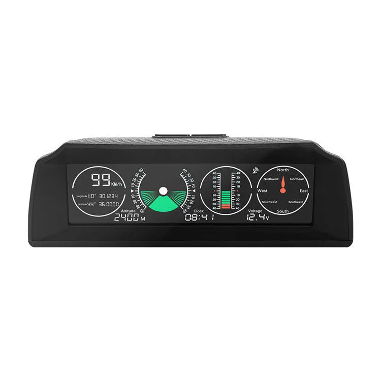 GPS GO 2 universal car head-up display with carbon fibre body showing speed, angle, and compass data on a colour LCD screen.