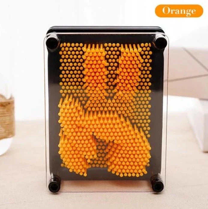 A customizable 3D sculpture impression frame with an array of pins that can capture the contours of any object pressed into it.