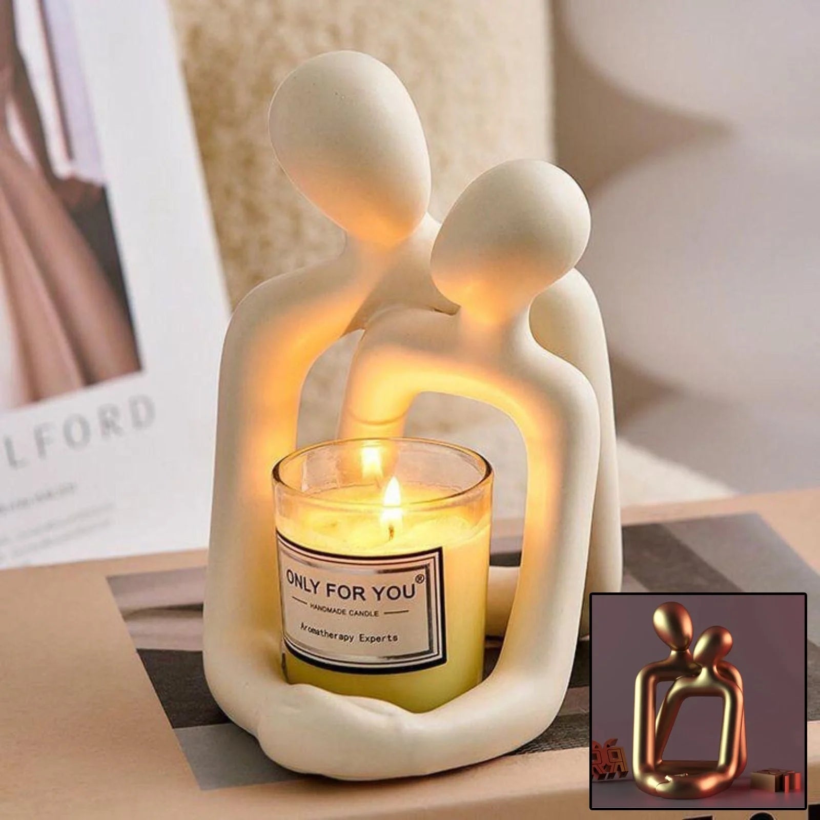 Elegant Loving Couple Resin Statue in milky white and gold, modern home decor
