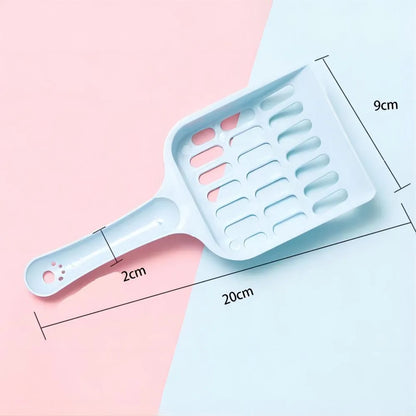 Plastic cat litter scoop in blue on a white background, showing handle and perforated scoop area.